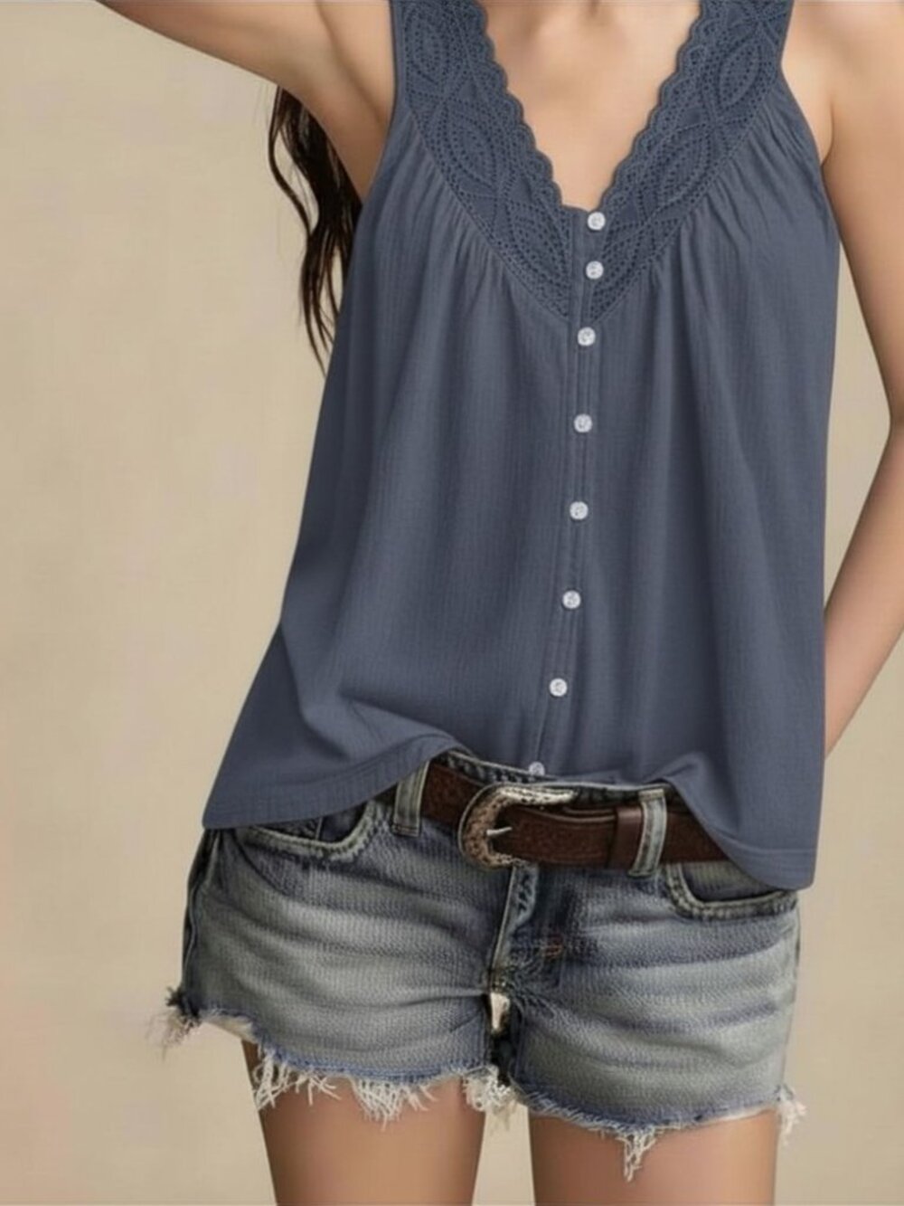 Lucky Brand Lace-Trim V-Neck Shirred Tank Top - Dusty Navy Blue - Size XS